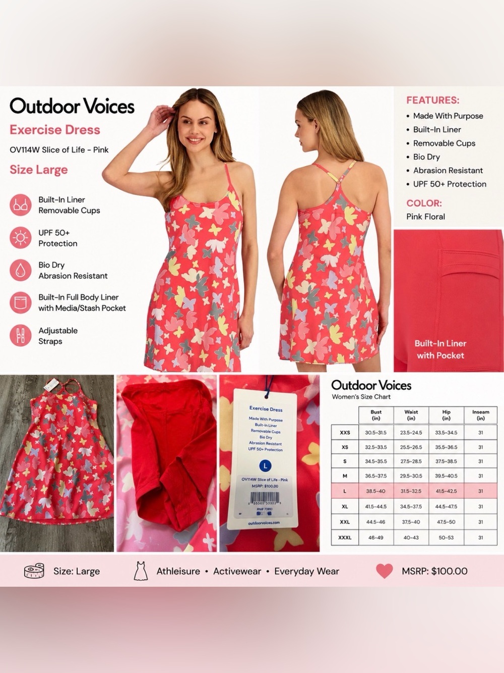 Outdoor Voices Exercise Dress Slice of Life Pink Floral Size Large NWT